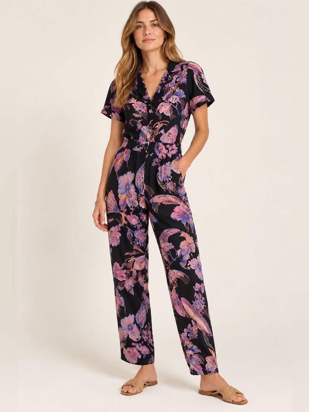 Banjanan Black Pink Floral Bird Print Jumpsuit XS